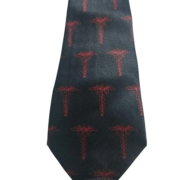 Vintage Designs By A. Rogers Men's Black Red Cross Rod Of Asclepius Neck Tie - Picture 2 of 4
